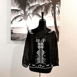 TRUTH NYC - embroidered sheer black / white aztec top
